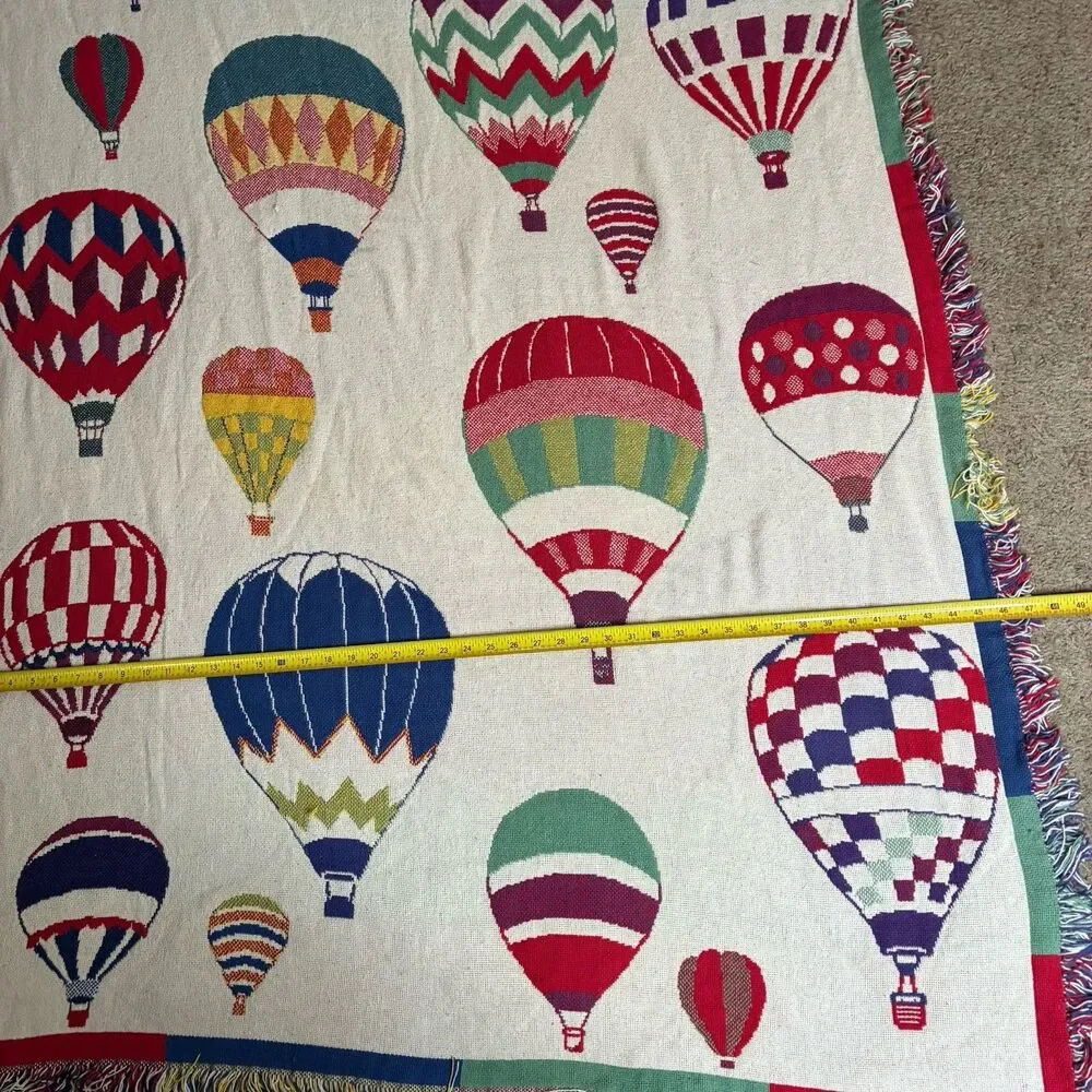 Hot Air Balloon Tapestry Cotton Blanket Throw w/Fringe 70”x46” Two Sided 1970s